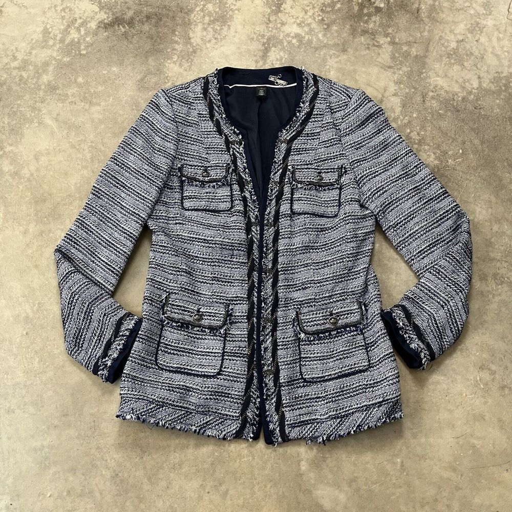 White House Black Market Blazer Womens 12 Blue White Tweed Fringe Chain Accents